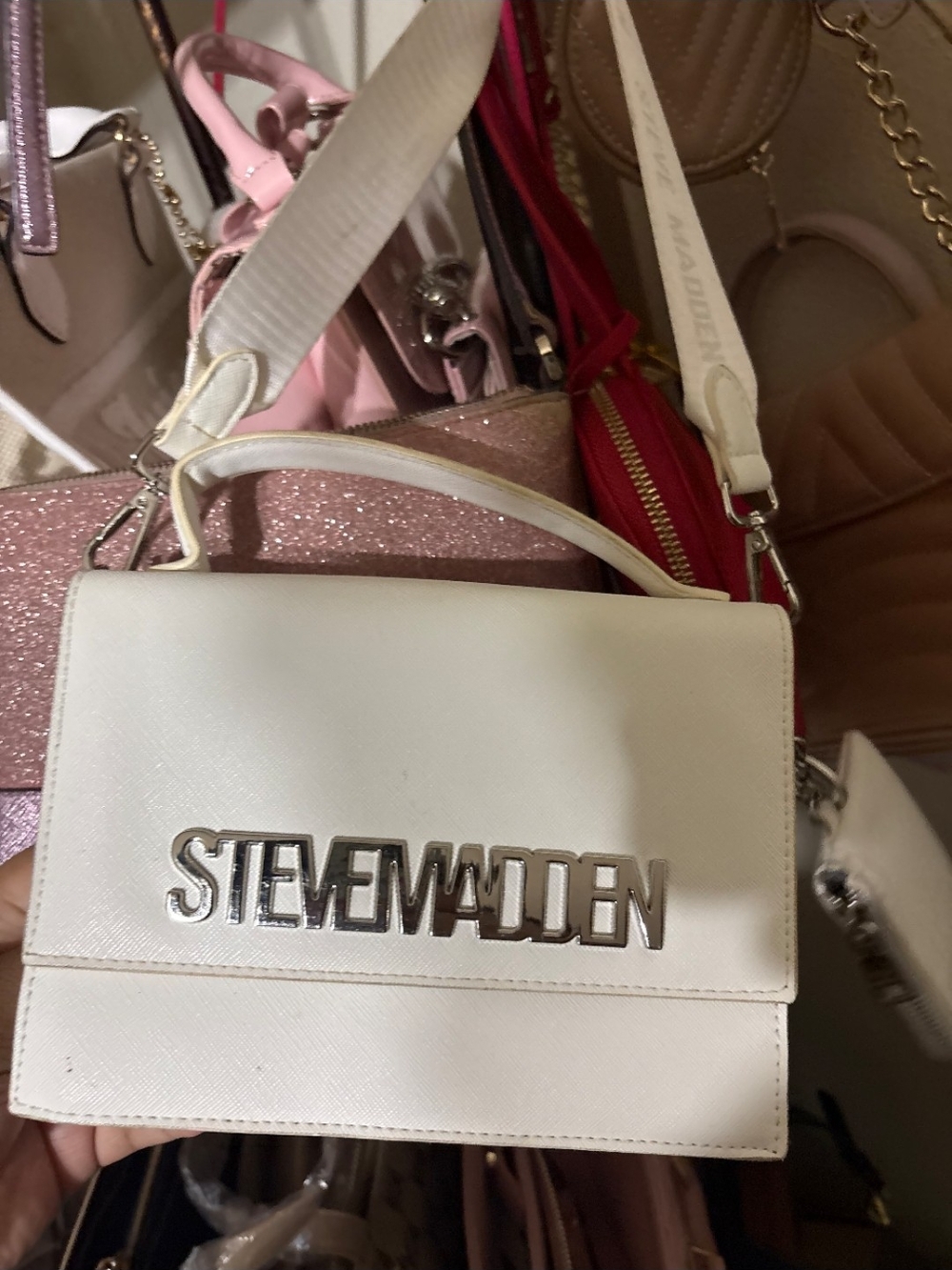 Steve Madden White Top-Handle Satchel with Silver Logo And Pouch